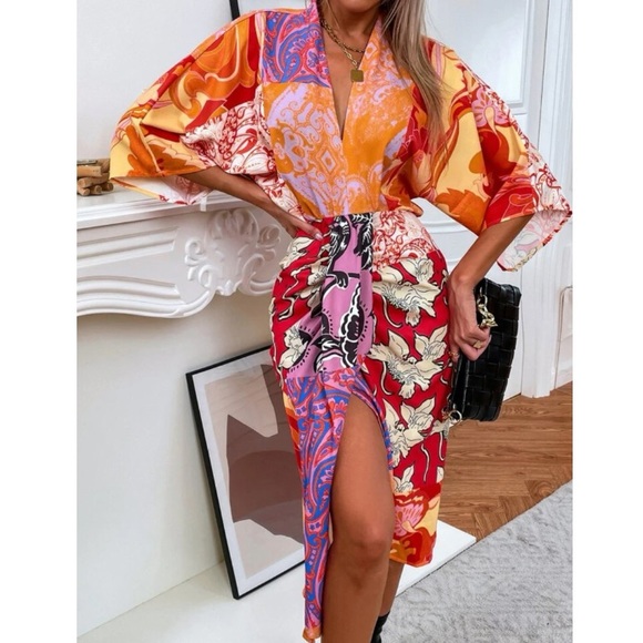 Boho floral print  V neck batwing sleeve dress - Picture 1 of 5